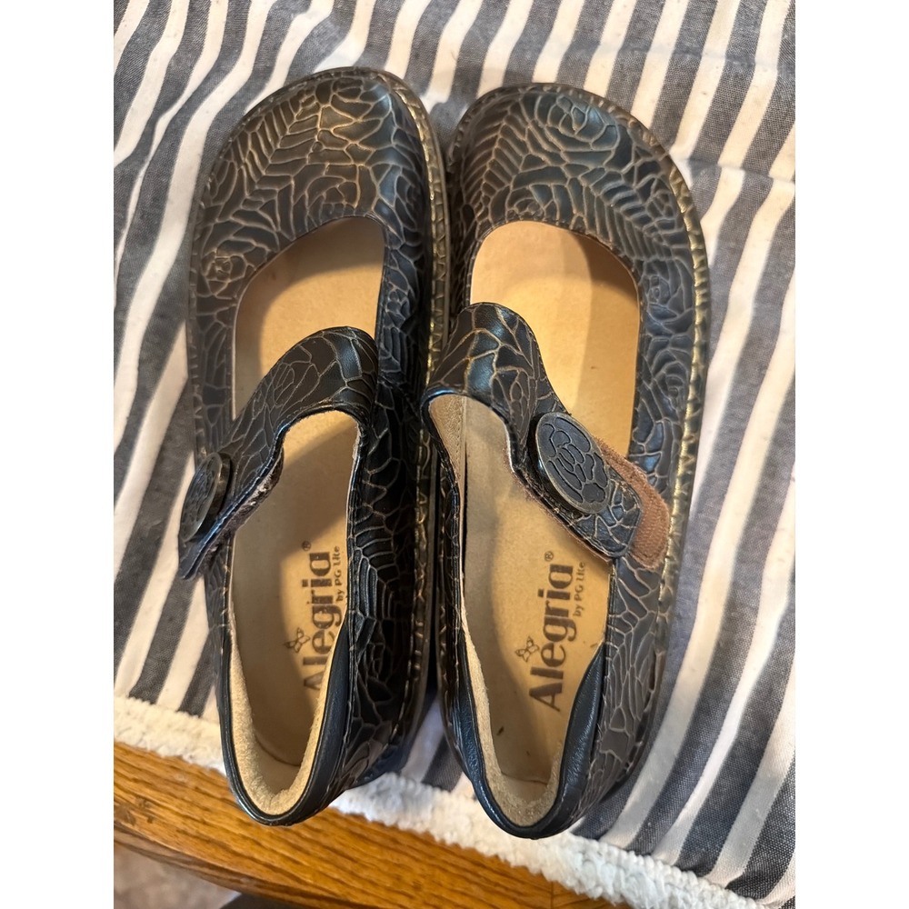 Alegria Paloma Black Leaf Leather Mary Jane Clog Shoes Womens 38 PAL-577